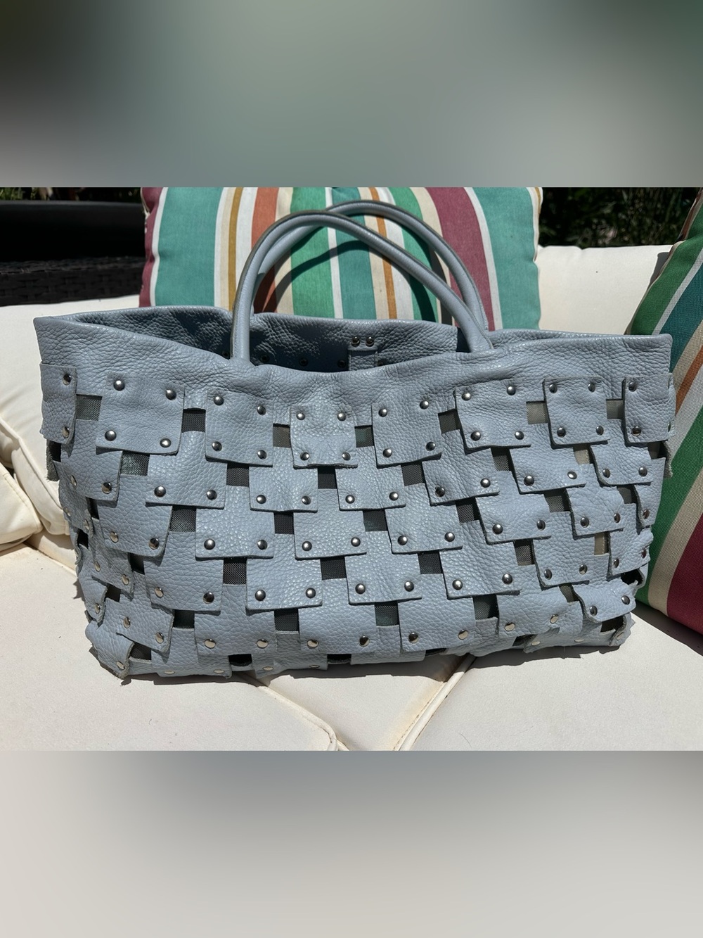 Berge Italy- Light Blue Studded Woven Leather Tote - Women Bags - Picture 2 of 6